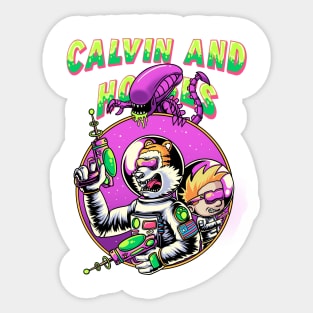 Astronauts Calvin and Hobbes Fight Monsters Xenomorph Sticker